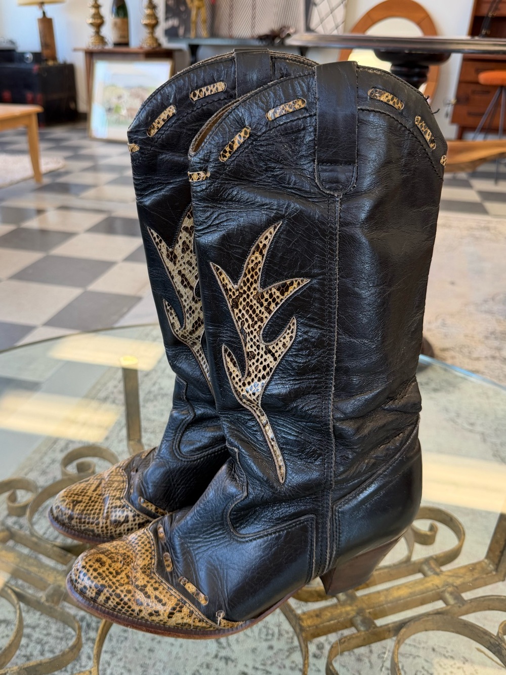Black leather cowboy boots with snakeskin accents